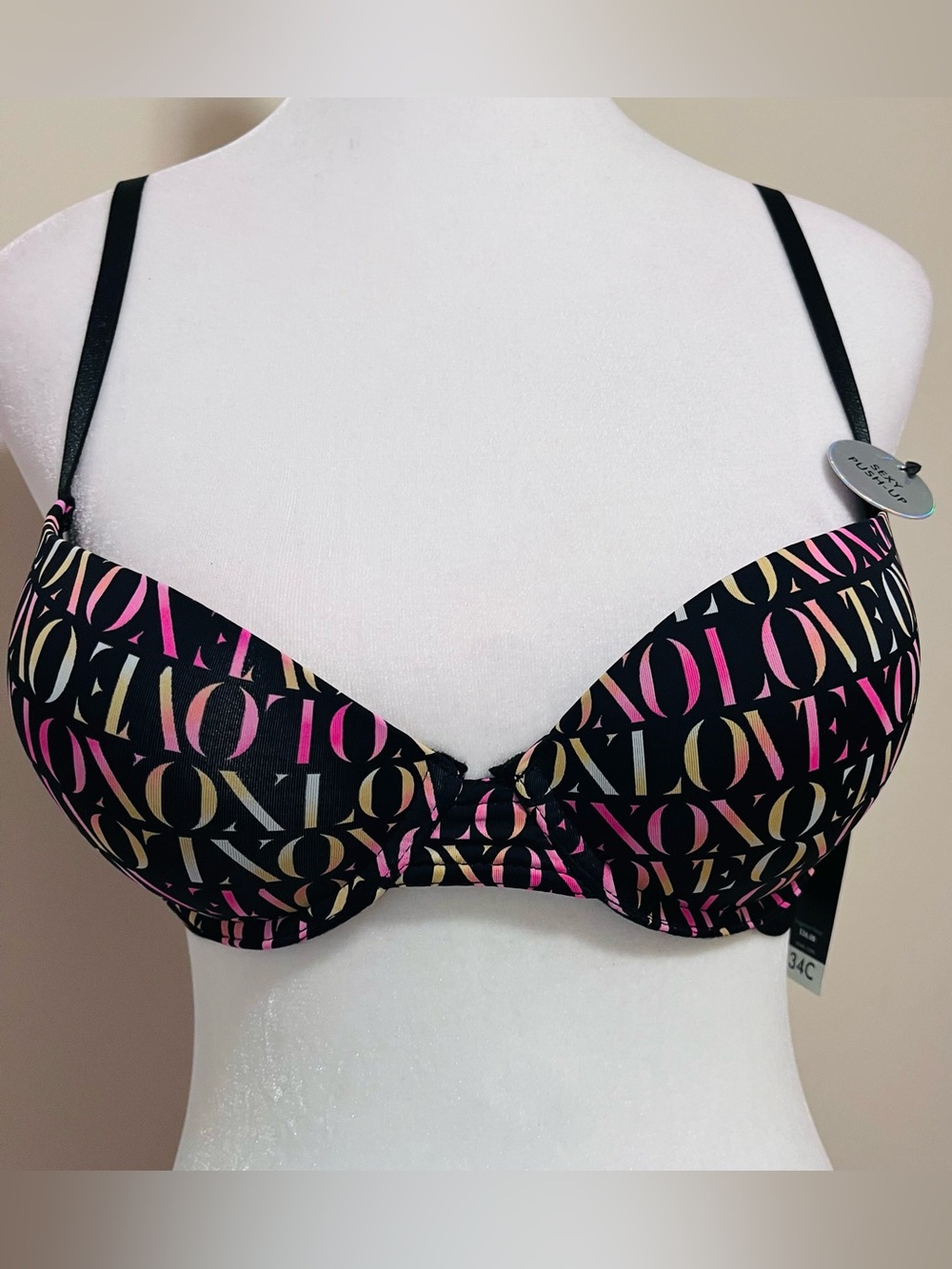 XOXO Black Push-Up Bra with Pink & Gold 'LOVE' Print